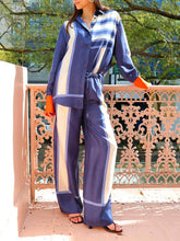 Pantalones anchos con bolsillos y cintura elástica con estampado único de patchwork a rayas